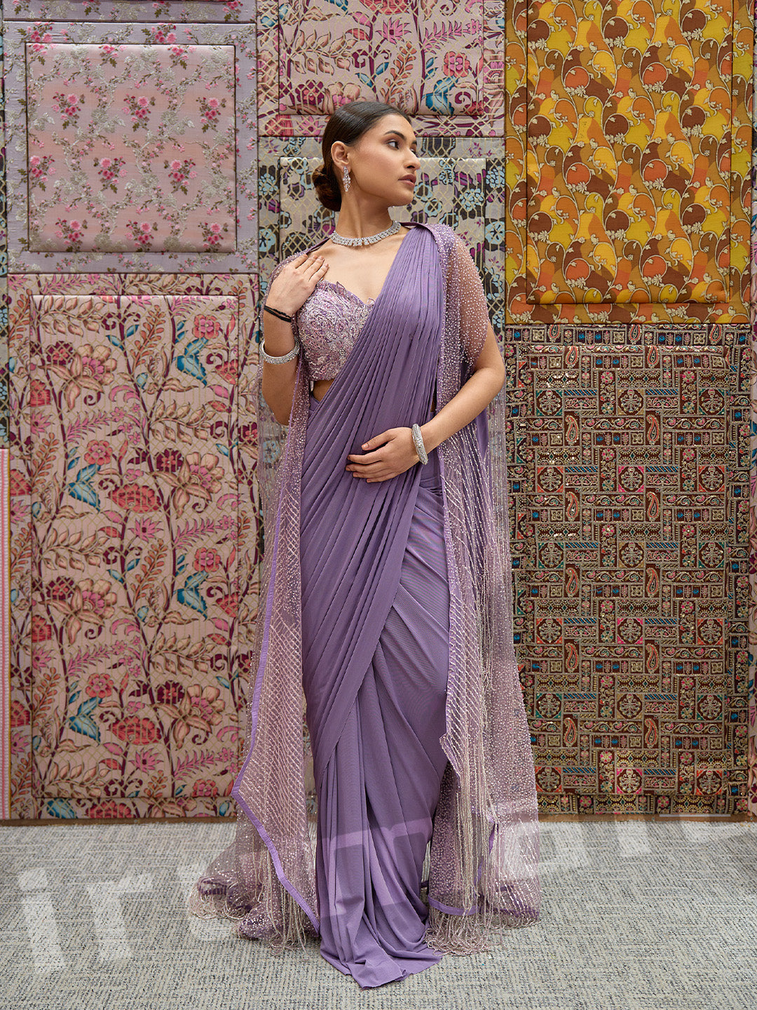 Lavender Lycra Saree With Self-Colored Net Cape Jacket & Blouse