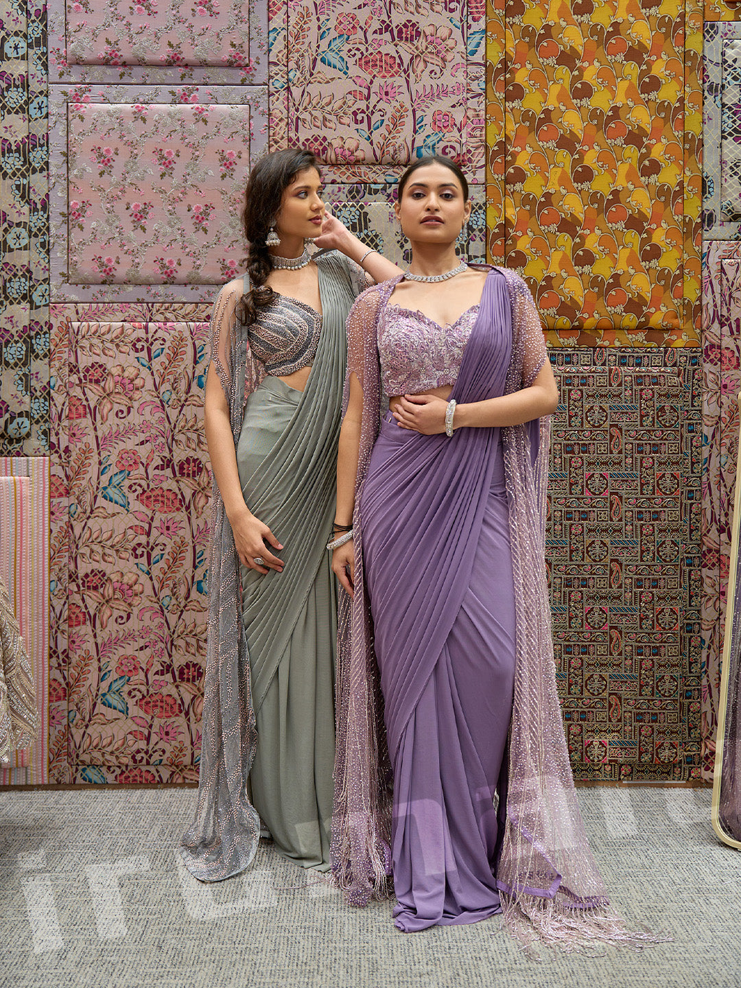 Lavender Lycra Saree With Self-Colored Net Cape Jacket & Blouse