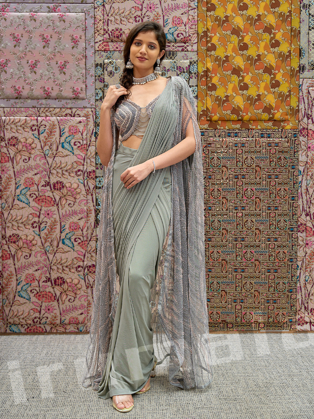 Beige Lycra Saree With Hand-Embroidered Cape Jacket & Fancy Blouse