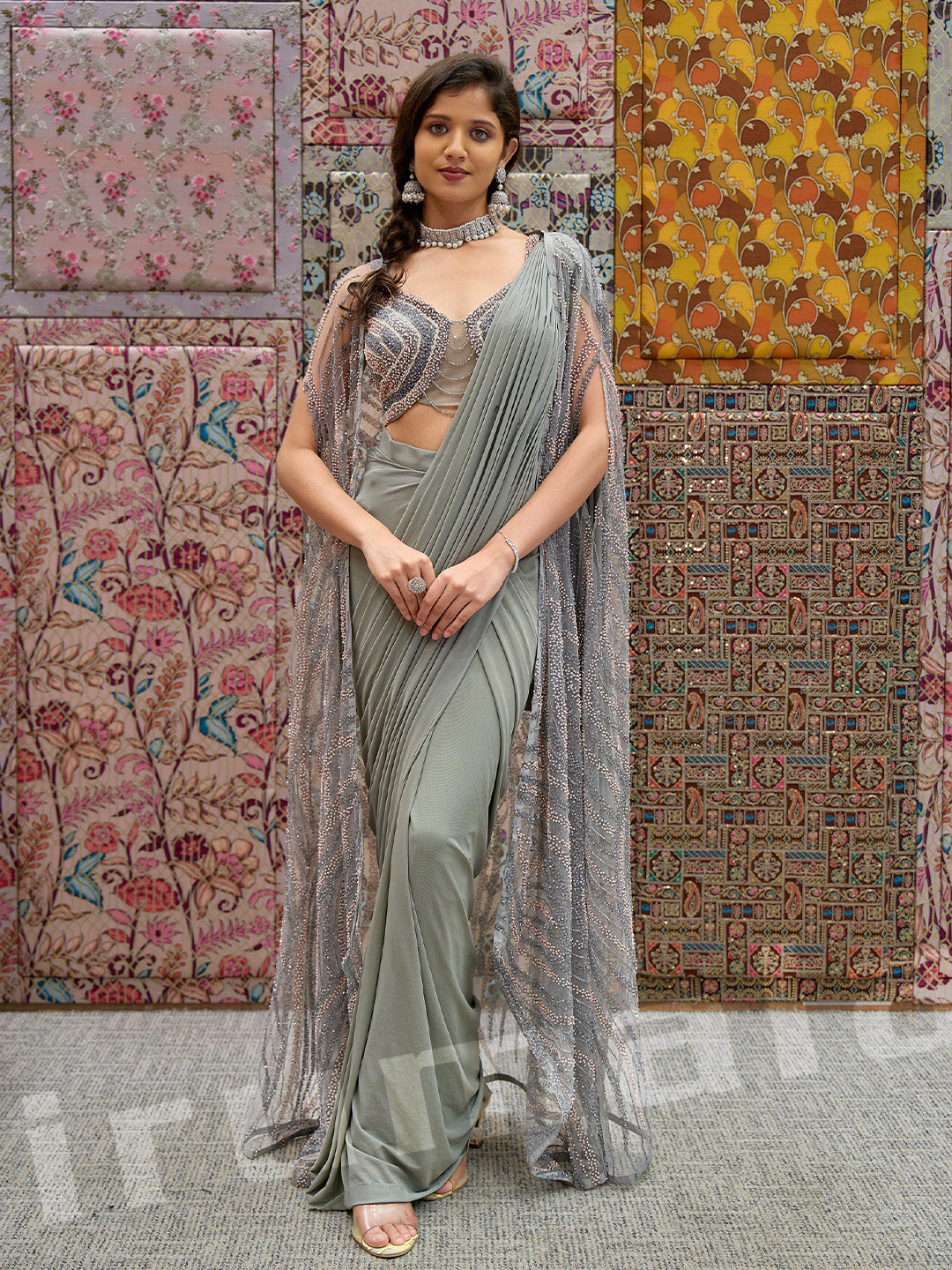 Beige Lycra Saree With Hand-Embroidered Cape Jacket & Fancy Blouse