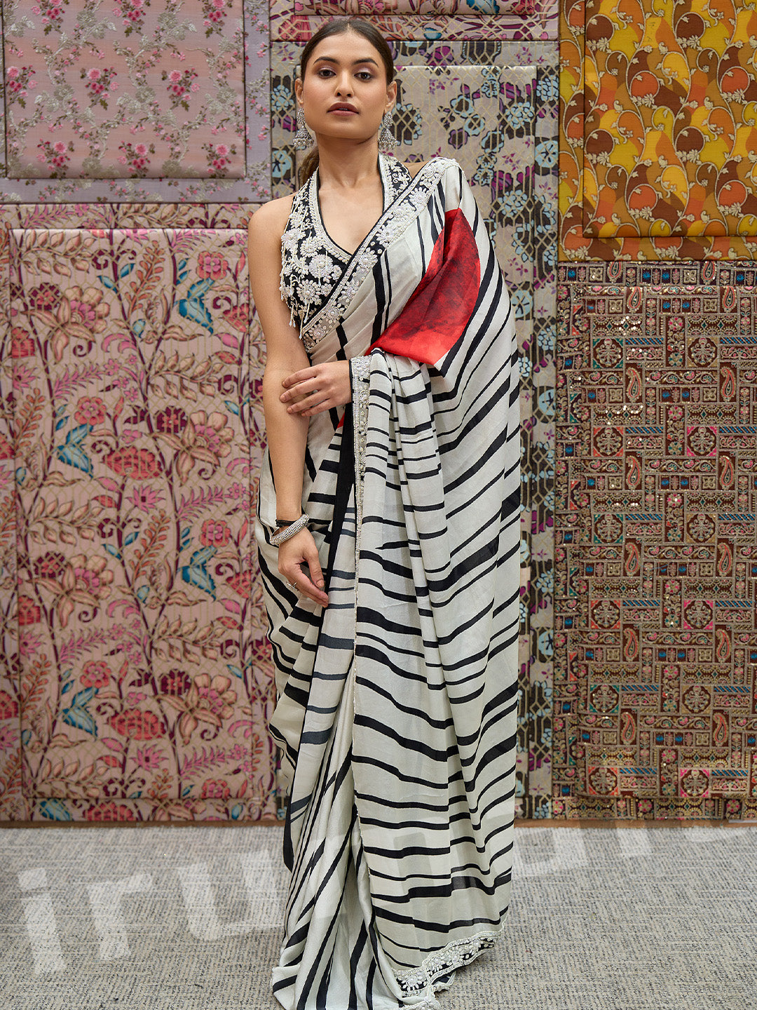 Black & White Silk Saree With Heavy Hand-Embroidered Choli