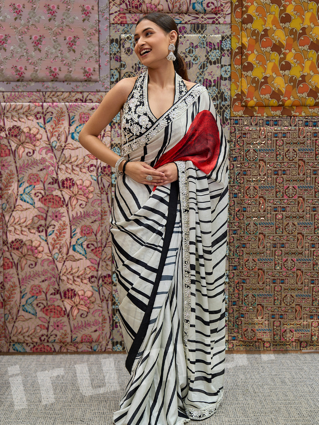 Black & White Silk Saree With Heavy Hand-Embroidered Choli