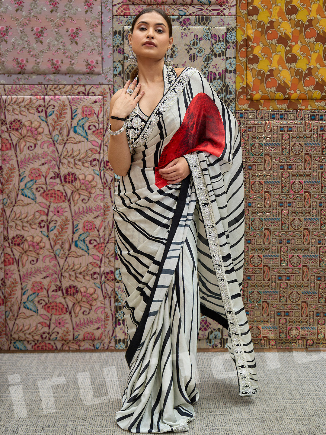 Black & White Silk Saree With Heavy Hand-Embroidered Choli