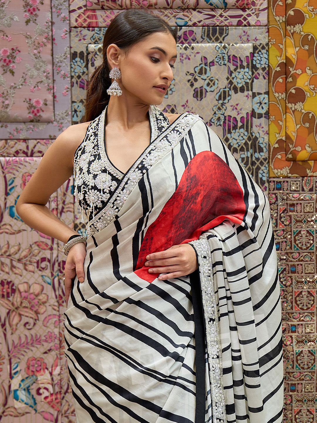 Black & White Silk Saree With Heavy Hand-Embroidered Choli