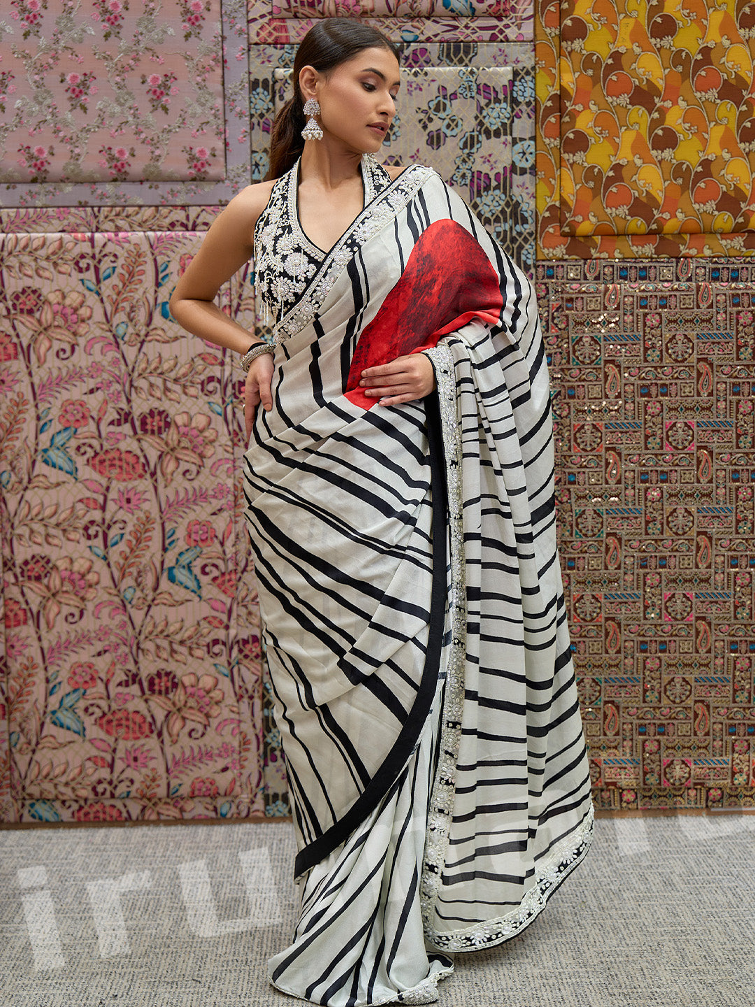 Black & White Silk Saree With Heavy Hand-Embroidered Choli