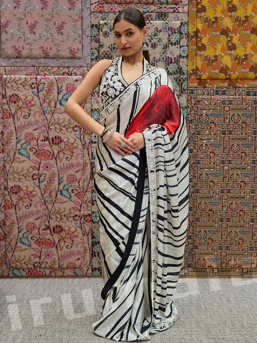 Black & White Silk Saree With Heavy Hand-Embroidered Choli