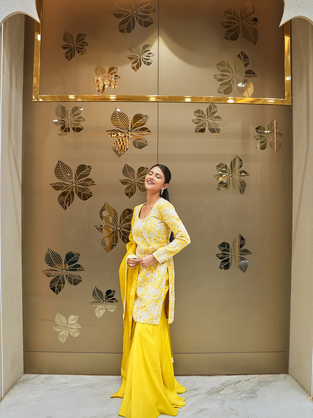 Yellow Blossom Embroidered Tissue Sharara Set