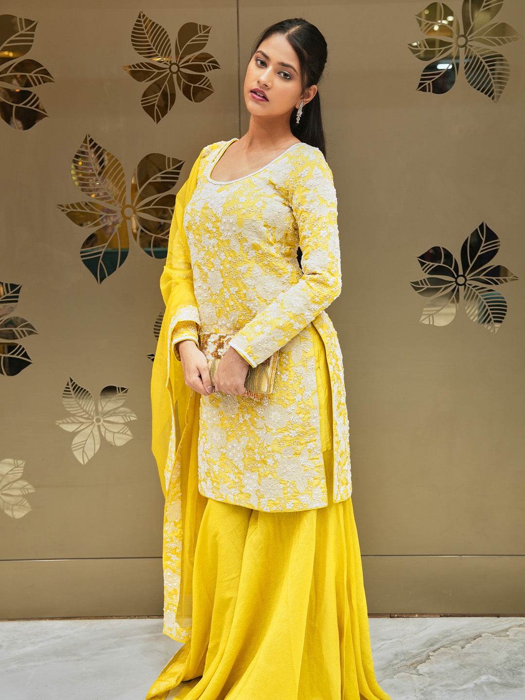 Yellow Blossom Embroidered Tissue Sharara Set