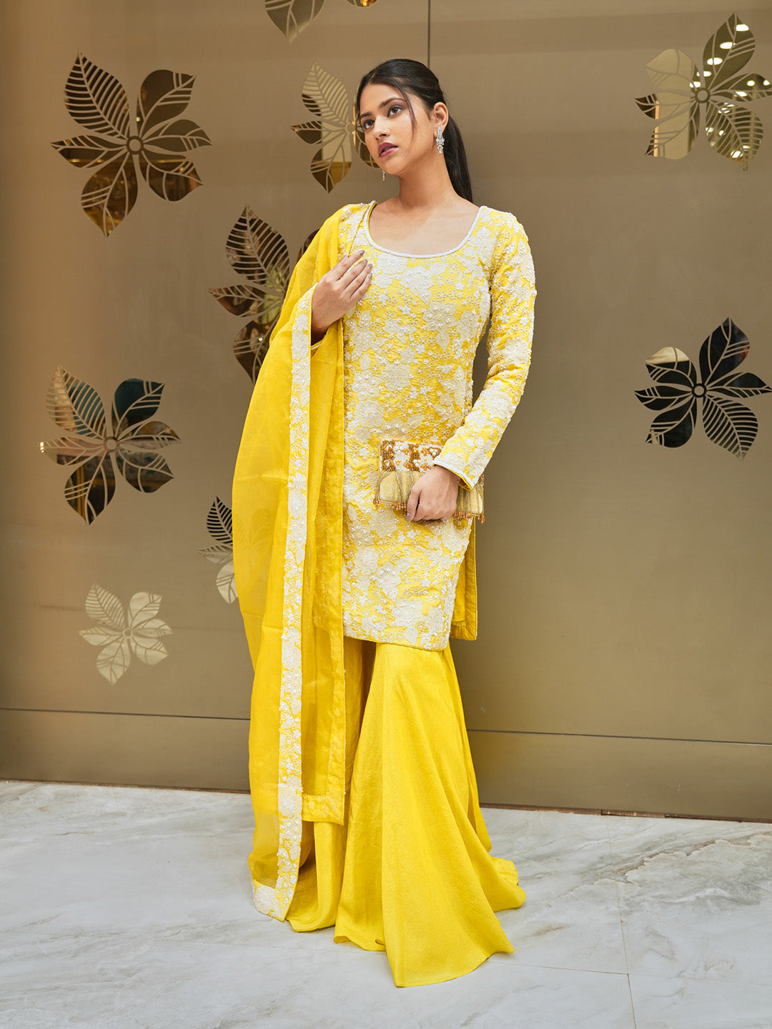 Yellow Blossom Embroidered Tissue Sharara Set