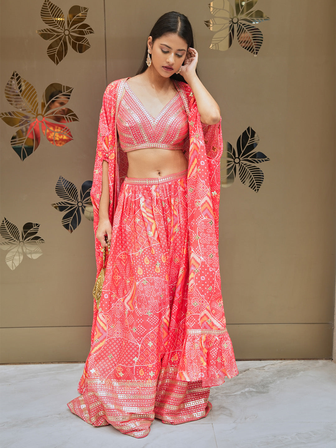 Enchanted Rose Pink Choli Palazzo & Ruffled Cape Set