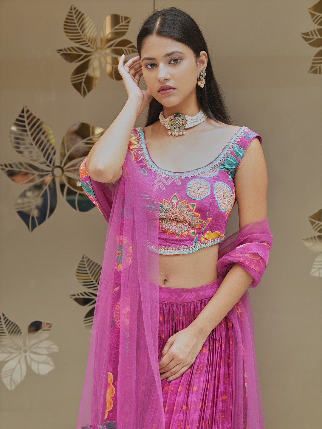 Vibrant Magenta Floral Blouse With Pleated Palazzo & Dupatta Set