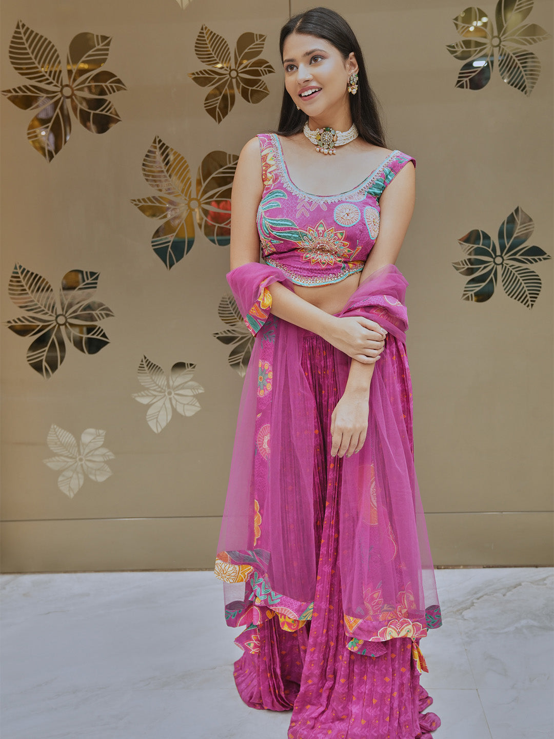 Vibrant Magenta Floral Blouse With Pleated Palazzo & Dupatta Set