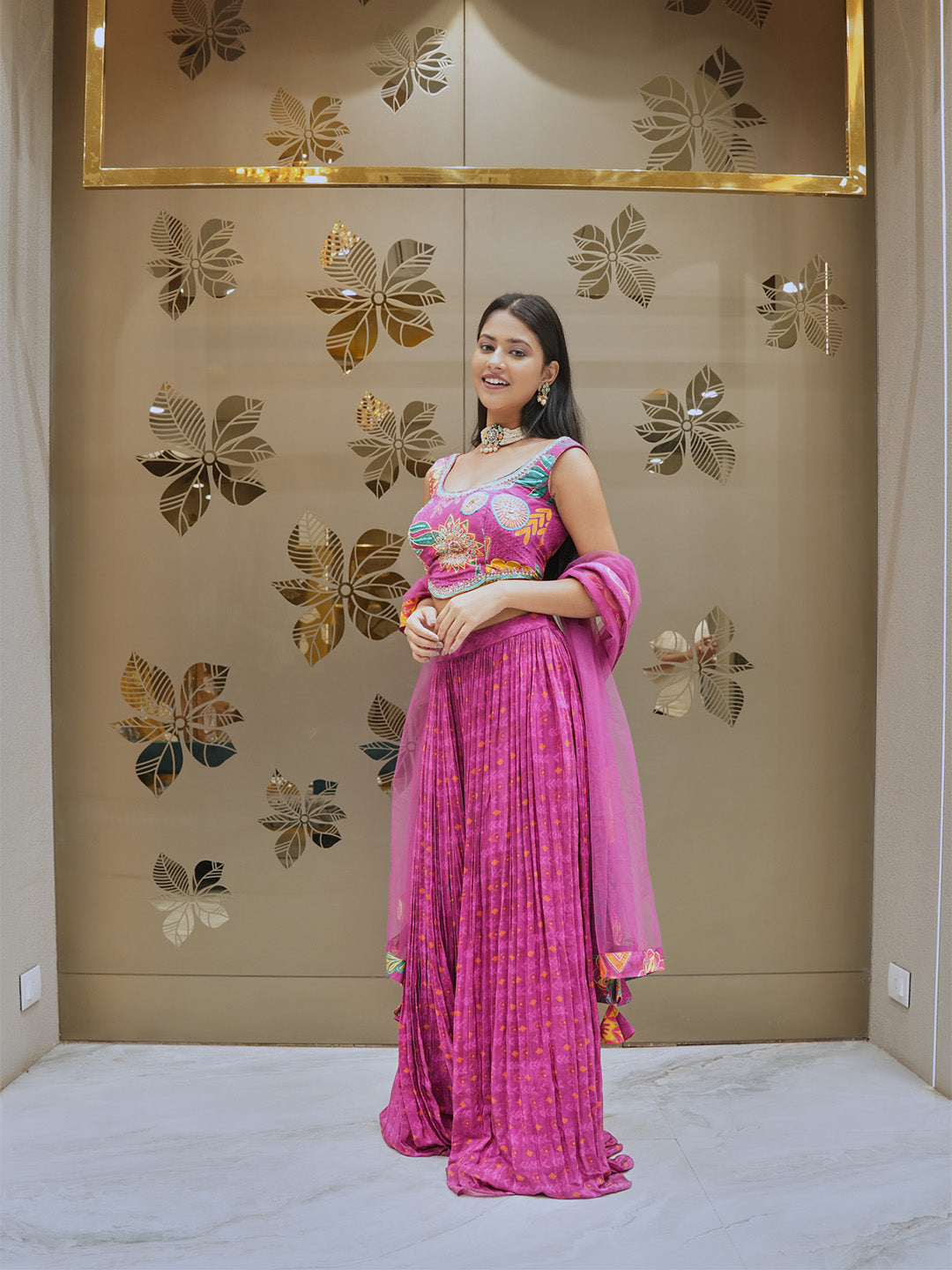 Vibrant Magenta Floral Blouse With Pleated Palazzo & Dupatta Set