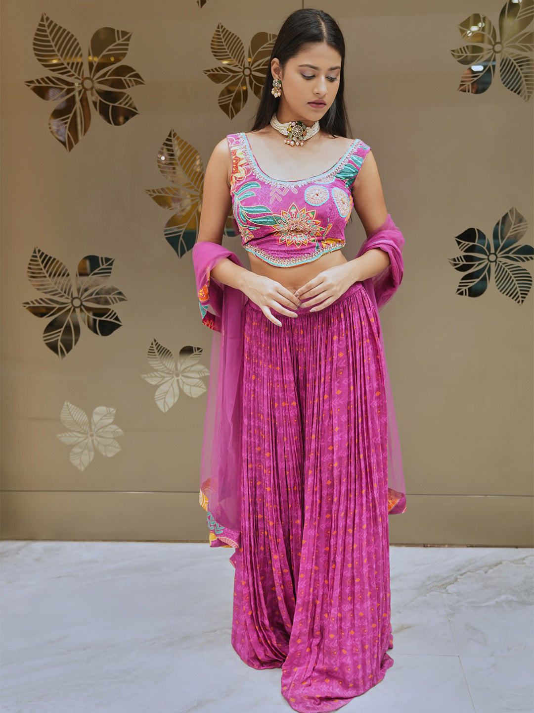 Vibrant Magenta Floral Blouse With Pleated Palazzo & Dupatta Set