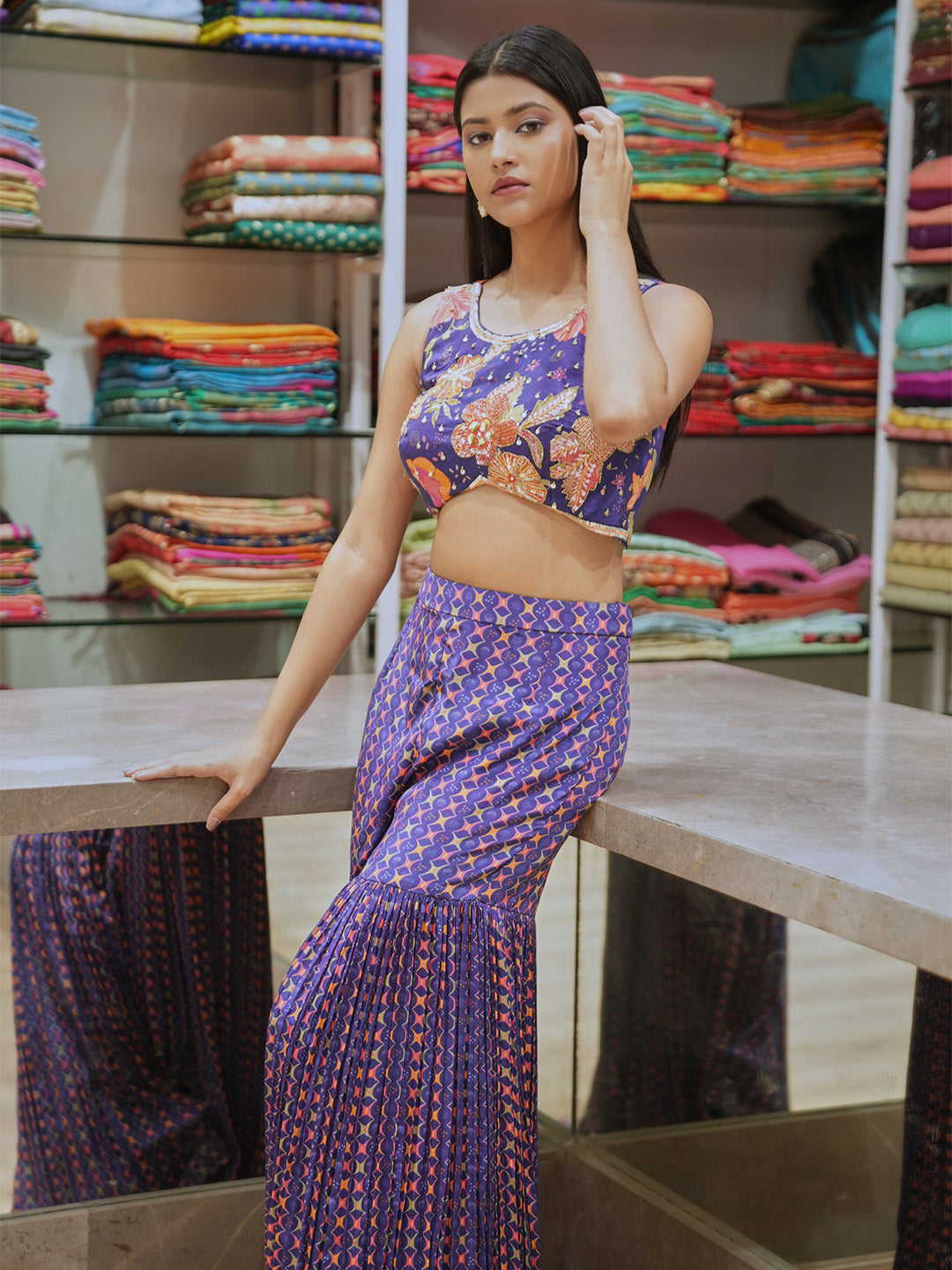 Purple Floral Crepe Choli With Ruching Gharara Set