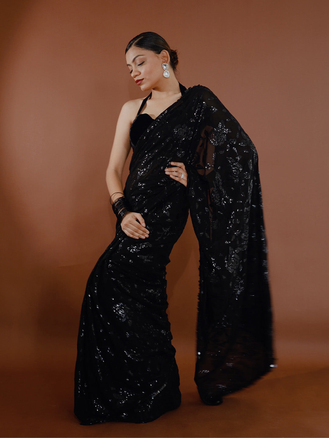 Stunning Black Sequin Saree With Customized Blouse Piece