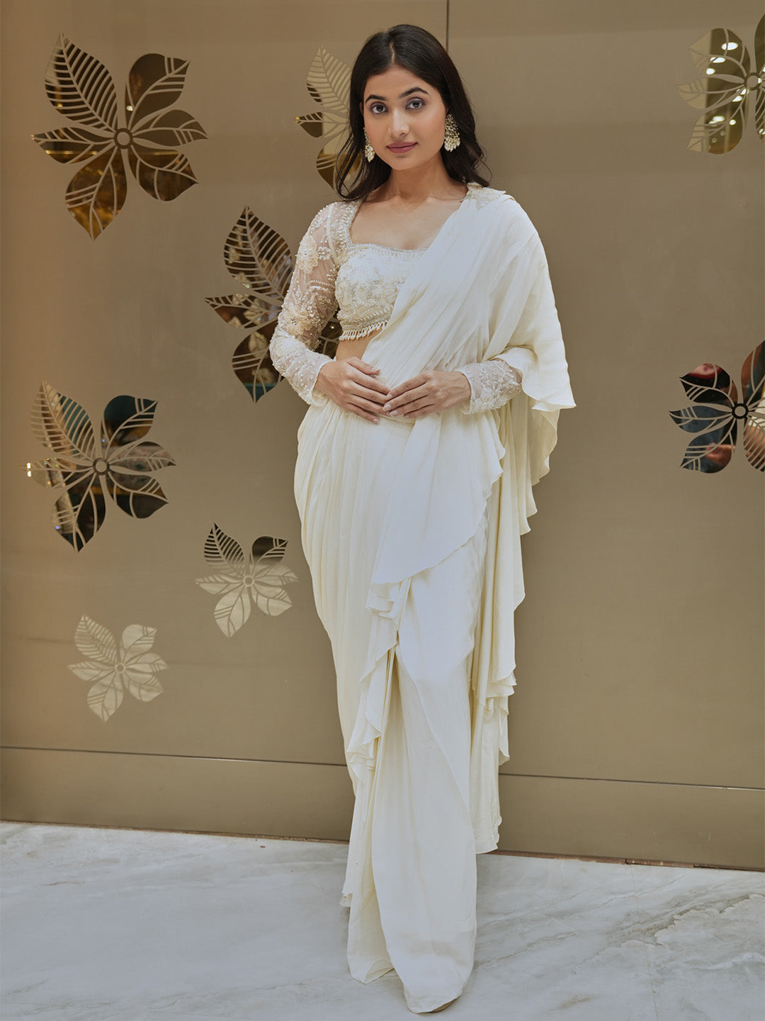 Cream Crepe Fabric Ready Made Saree