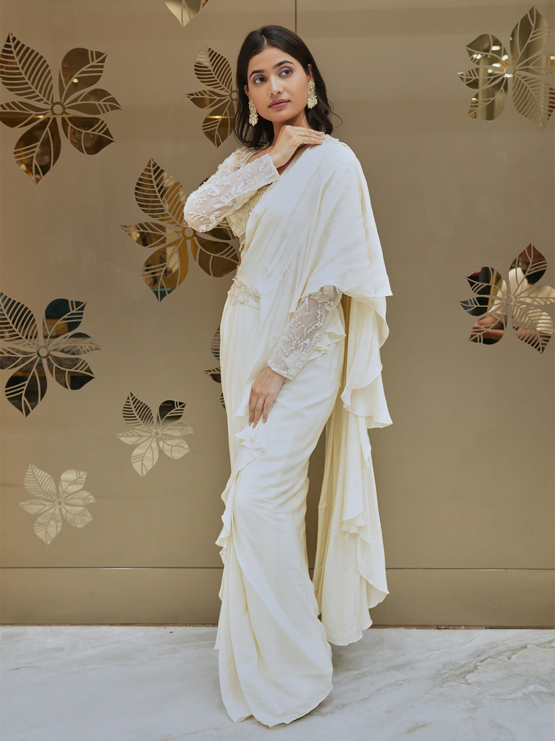 Cream Crepe Fabric Ready Made Saree