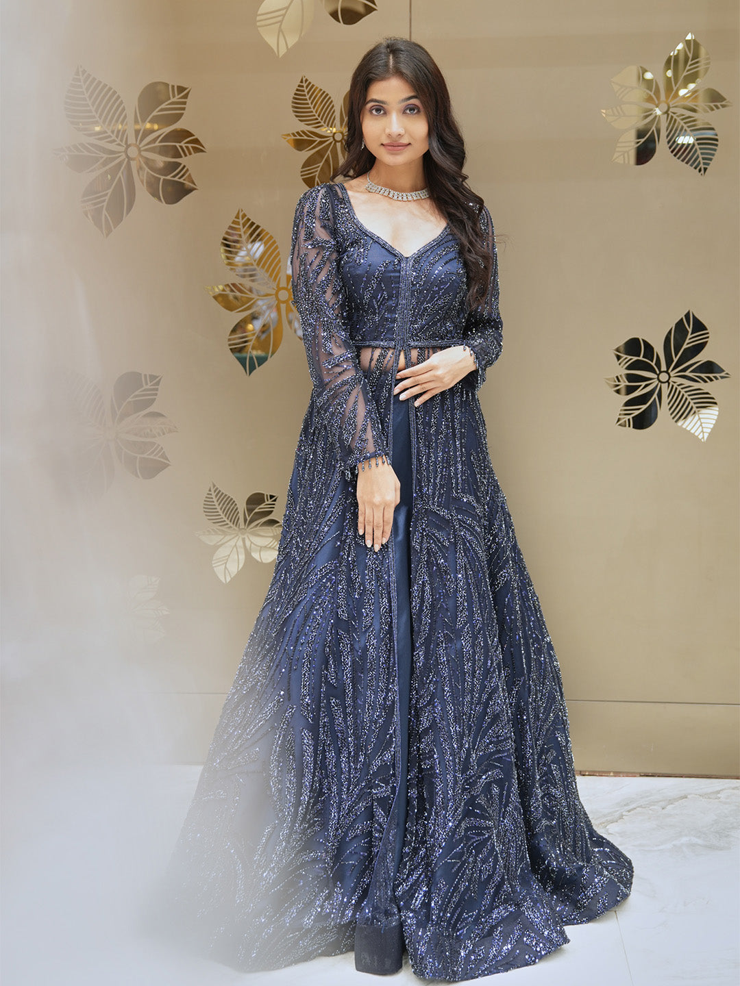 Sequined Navy Blue Anarkali Dress Tirumala Designers