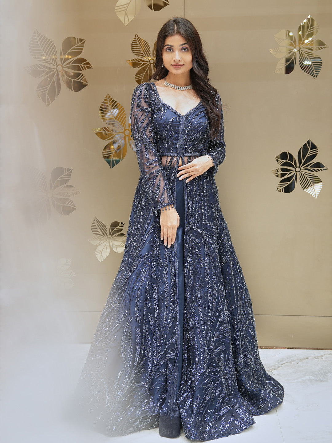 dark blue anarkali dress Hand Embroidered Anarkali With Lehenga/dark Blue Anarkali Suit/georgette Anarkali Dupatta Usa/indian Dresses/navy Blue Anarkali Dupatta Set