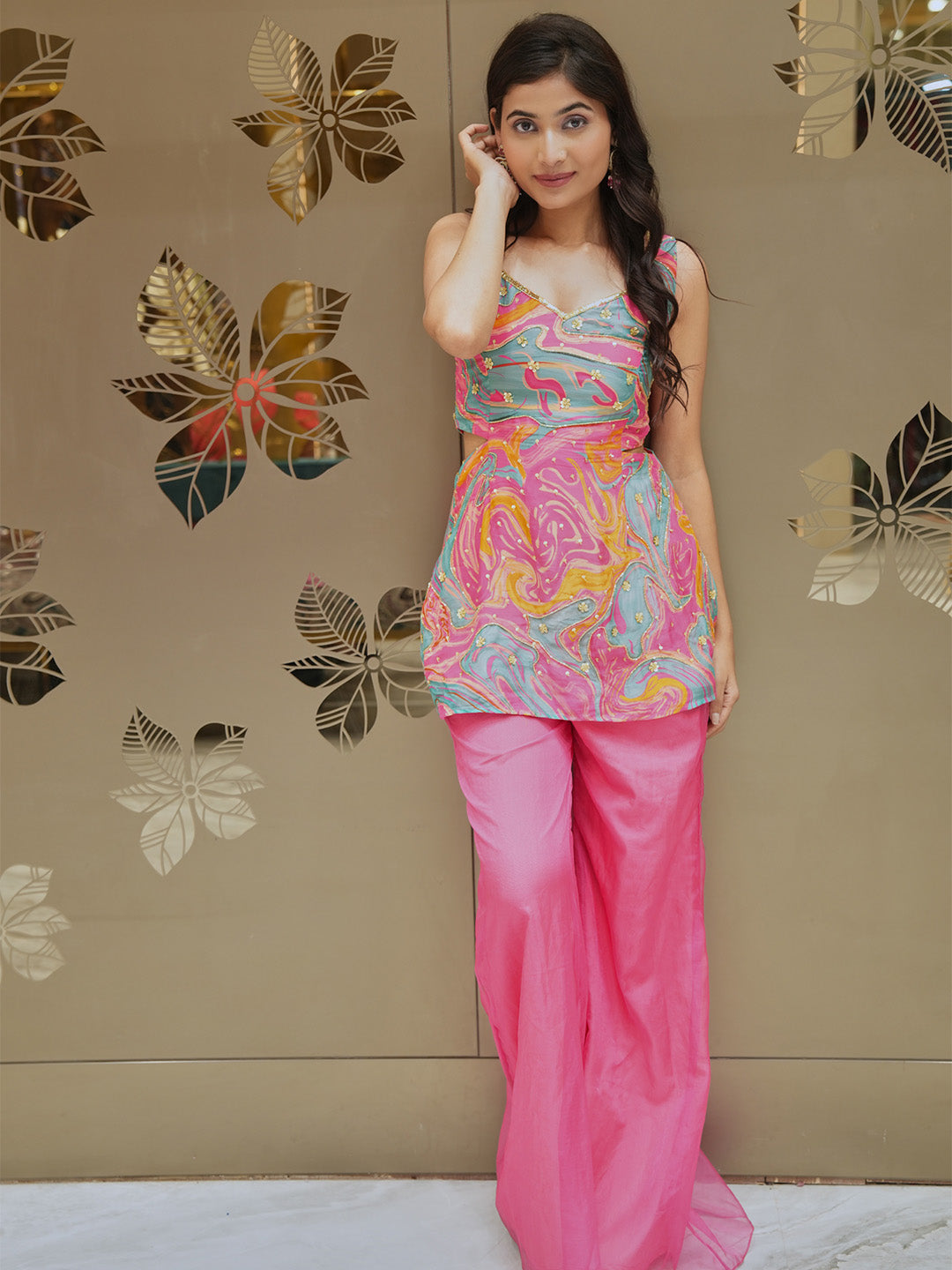 Hot Pink Abstract Printed Palazzo Set