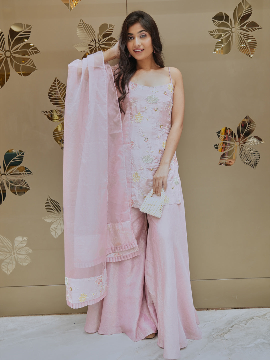 pink plazo dress Andaaz Fashion Women's Pale Pink Georgette Pearl Embroidered Flared Palazzo Suit