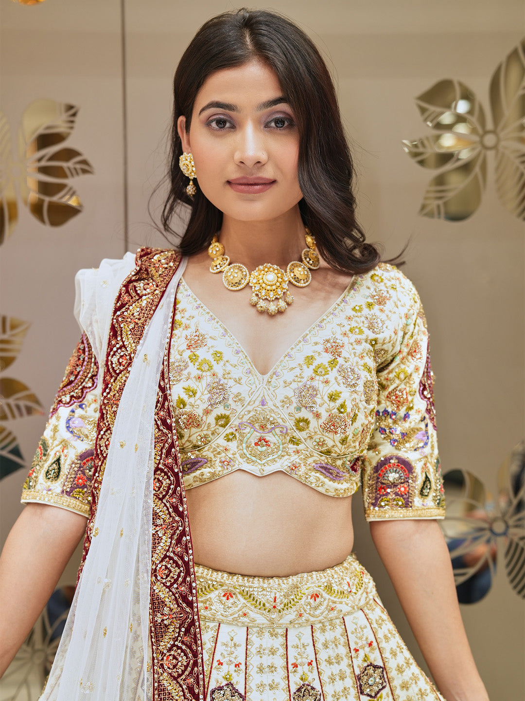 Off White Aari Work Lehenga