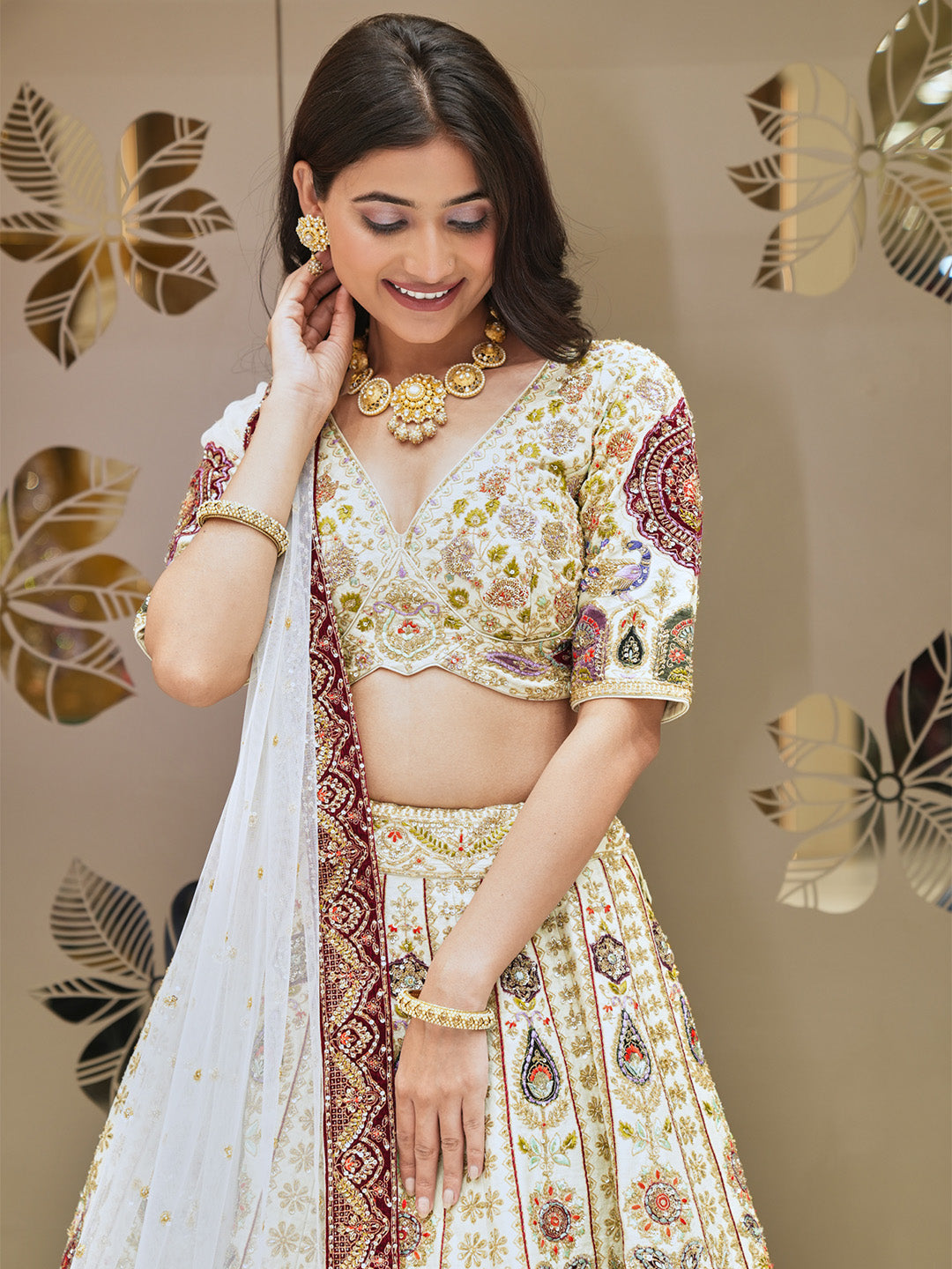 Off White Aari Work Lehenga