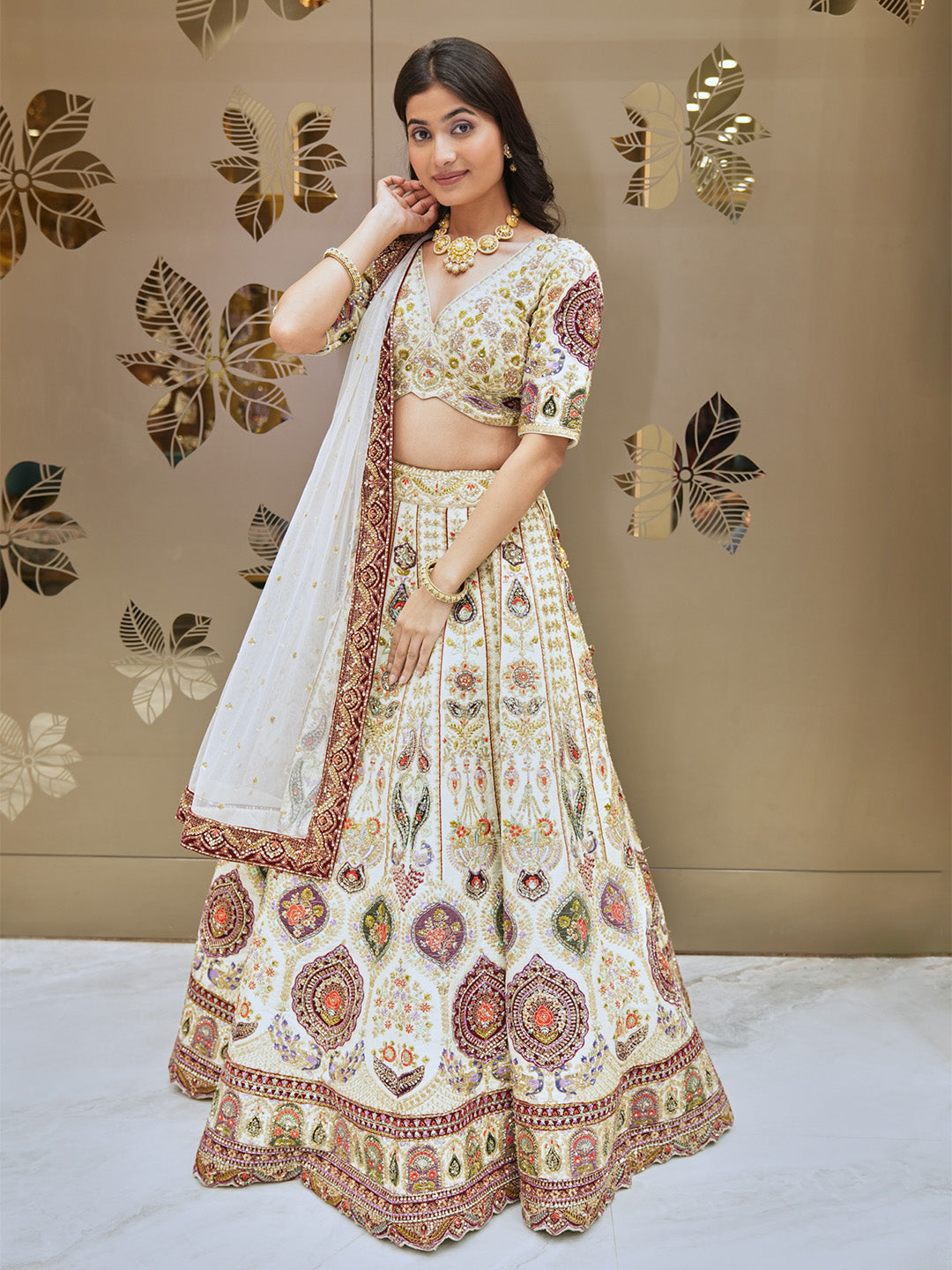 Off White Aari Work Lehenga