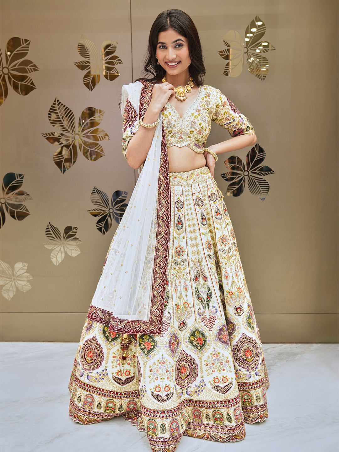 Off White Aari Work Lehenga