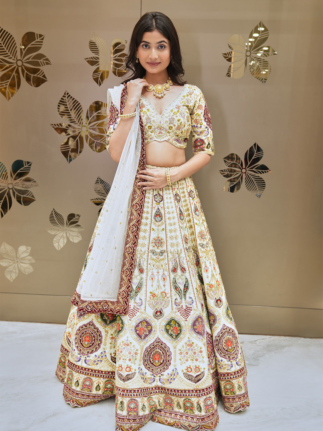 Off White Aari Work Lehenga