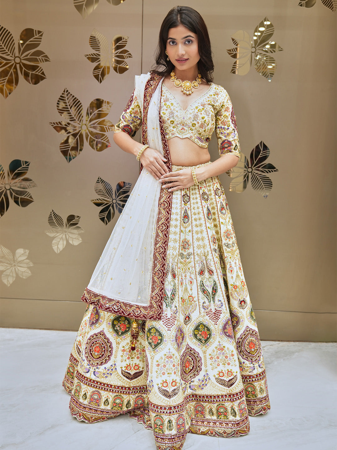 Off White Aari Work Lehenga