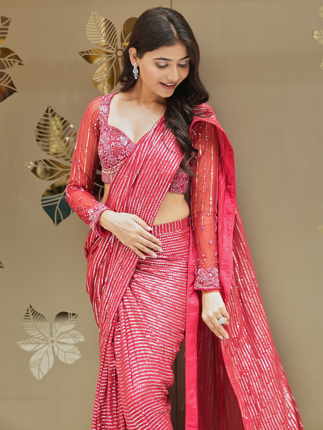 Red Ready To Wear Sequined Saree