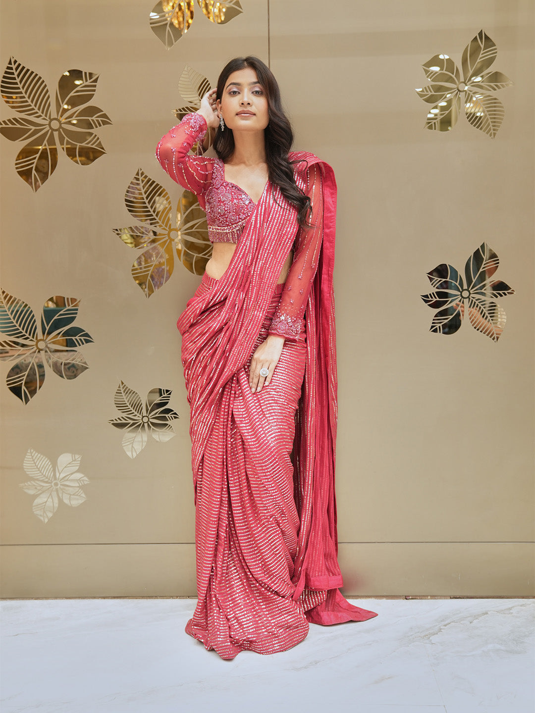 Red Ready To Wear Sequined Saree