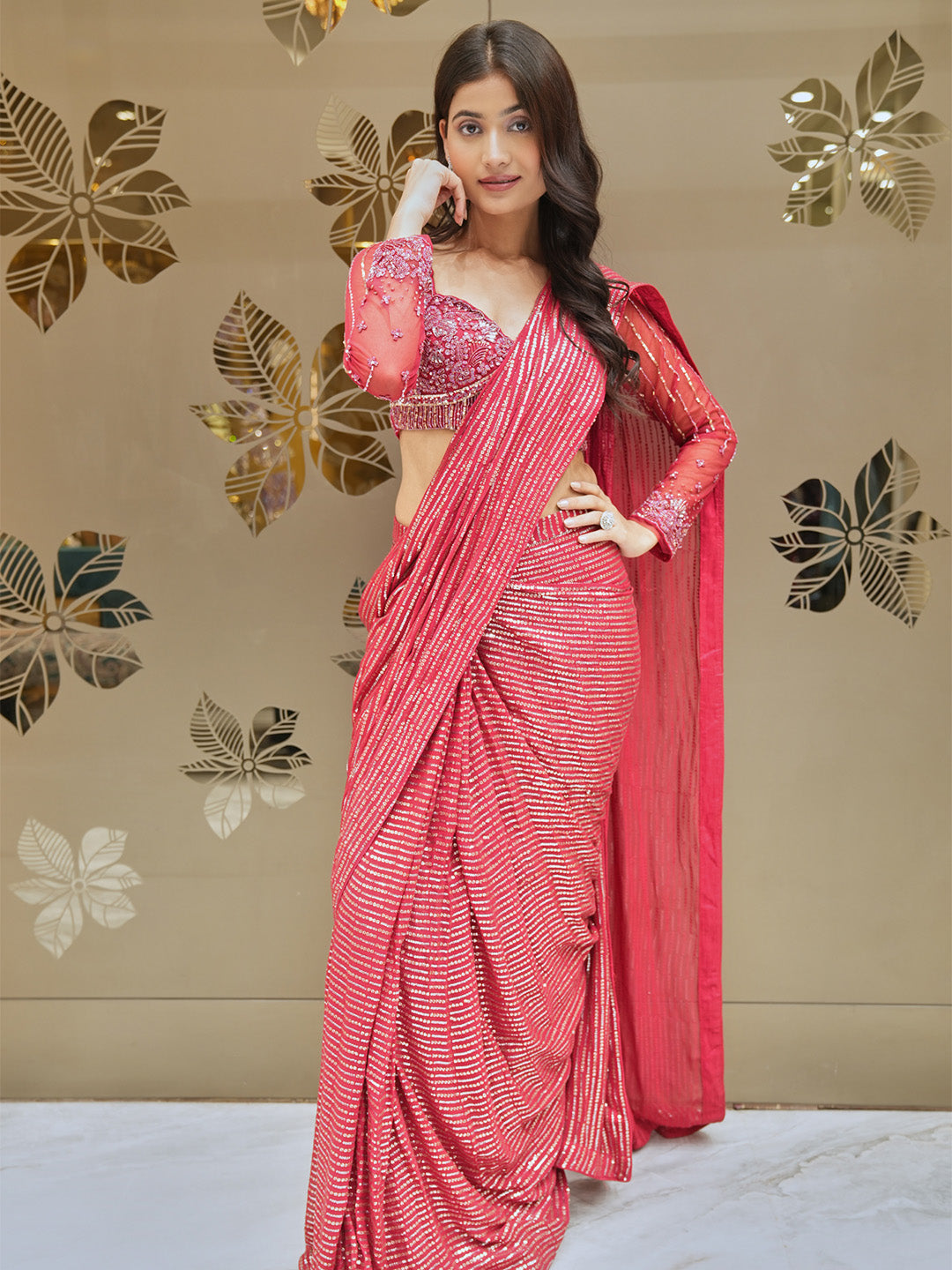 Red Ready To Wear Sequined Saree