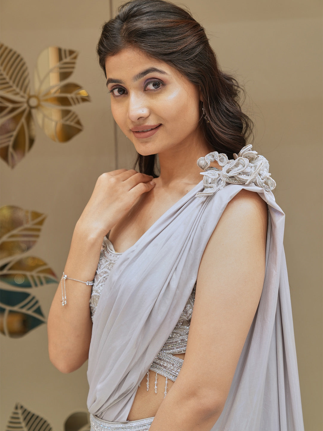 Grey Pre Draped Saree