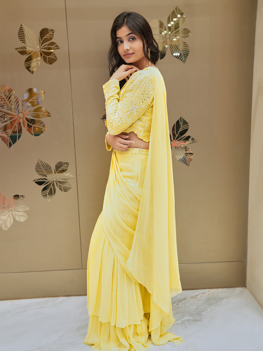 Cream Yellow Georgette Pre Draped Saree