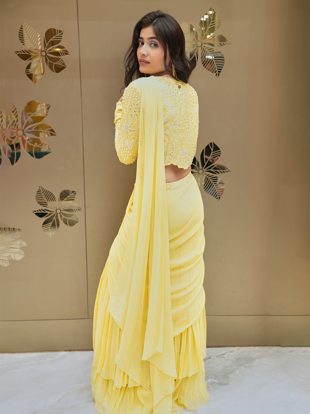 Cream Yellow Georgette Pre Draped Saree