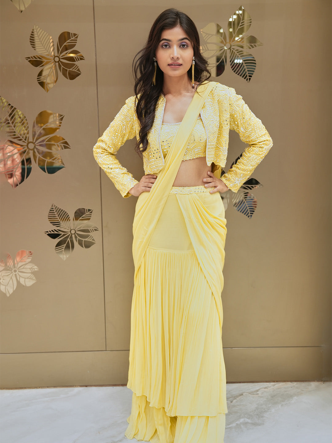 Cream Yellow Georgette Pre Draped Saree