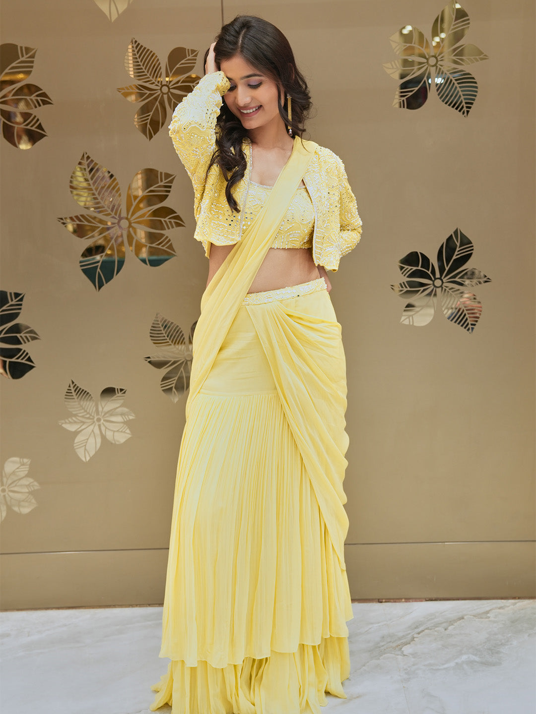 Cream Yellow Georgette Pre Draped Saree