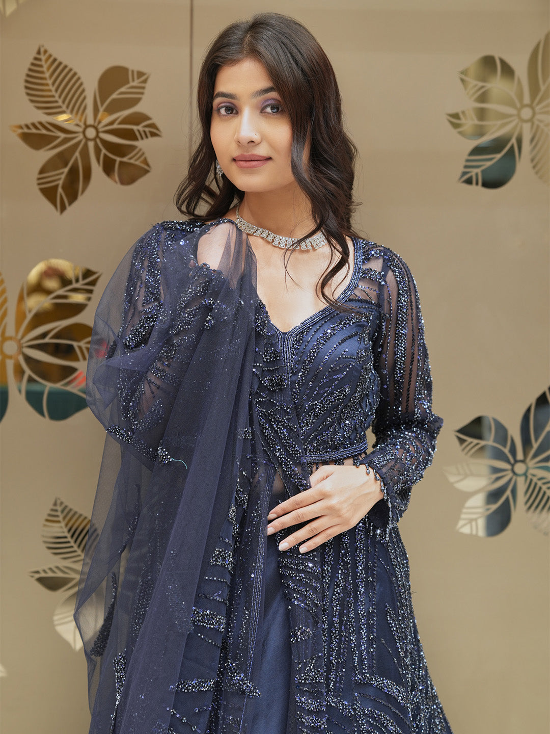 Sequined Navy Blue Anarkali Dress