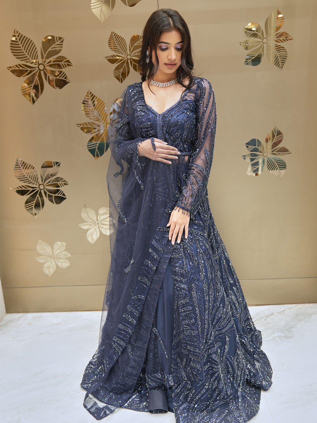 Sequined Navy Blue Anarkali Dress