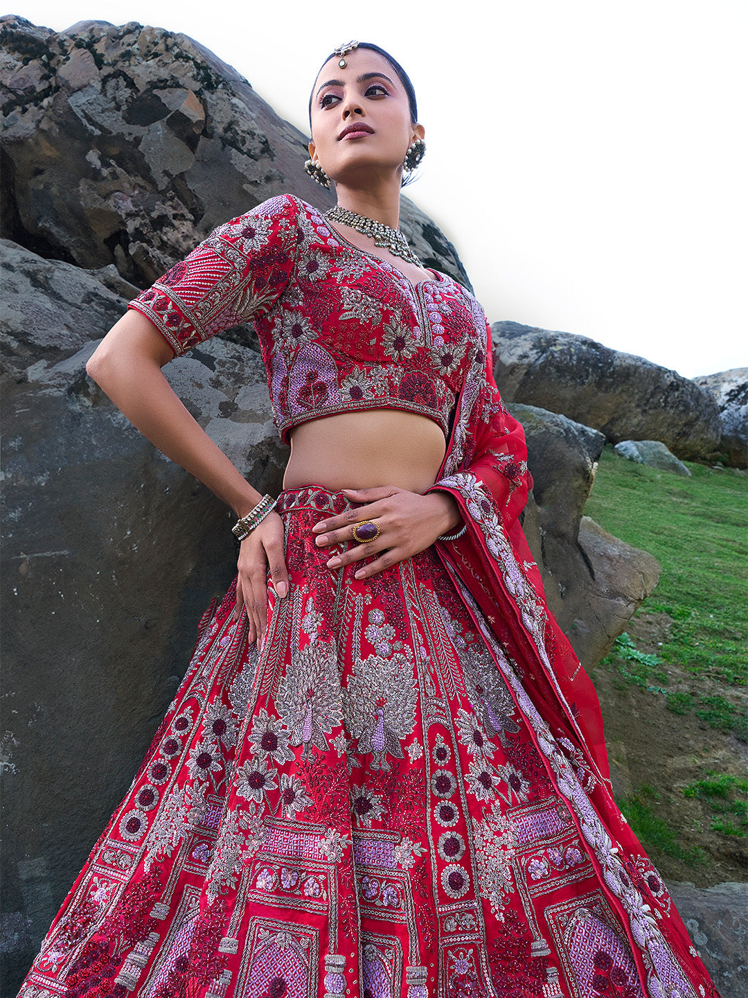 Elegant Red Embroidered Lehenga Choli With Floral Organza Dupatta