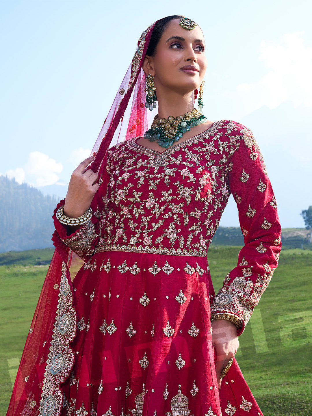 Exquisite Red Anarkali Gown With Heavy Embroidery & Scalloped Dupatta