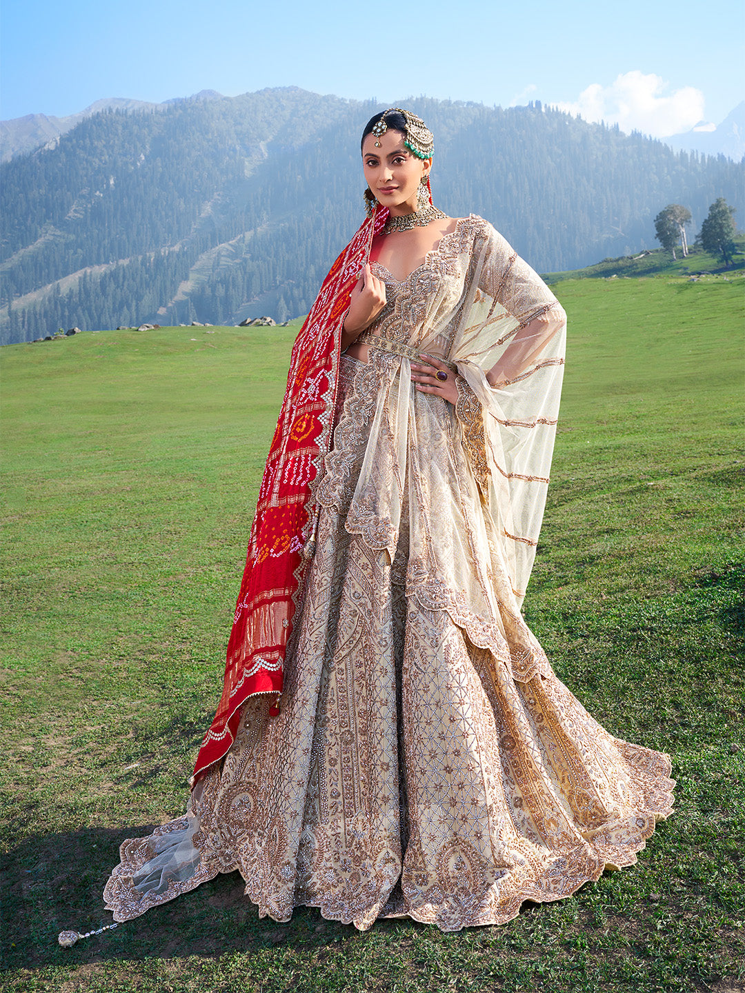 Ivory Silk Lehenga Choli With Scalloped Embroidered 4-Side Border, Net Dupatta & Andhani Printed Dupatta