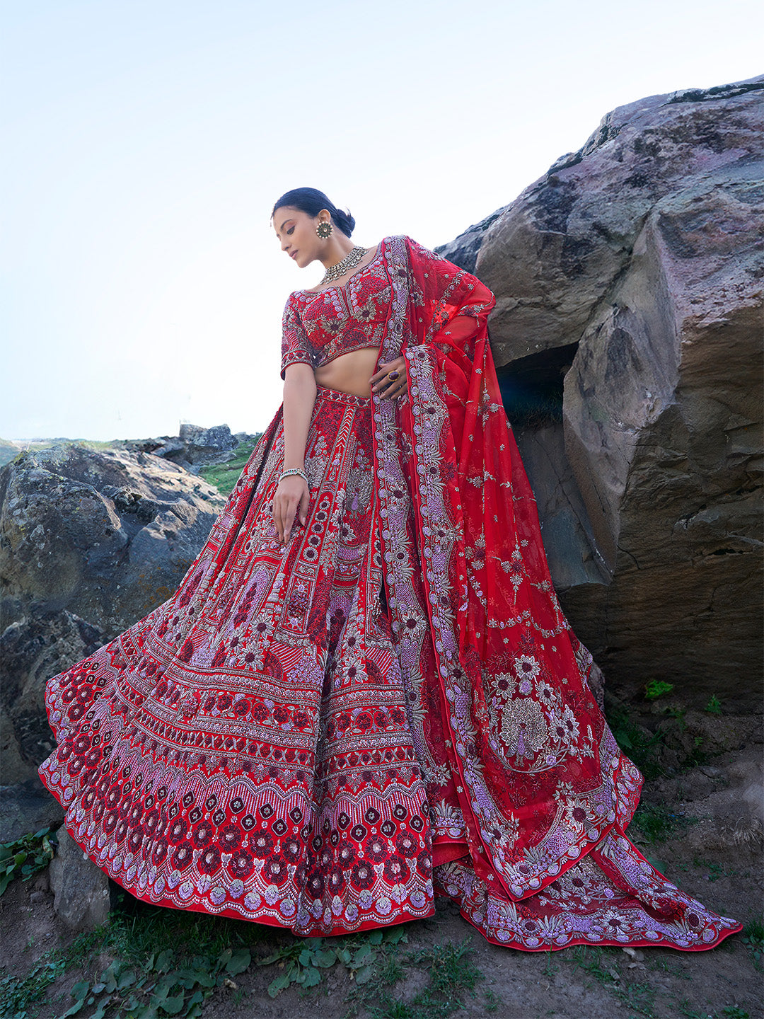 Elegant Red Embroidered Lehenga Choli With Floral Organza Dupatta