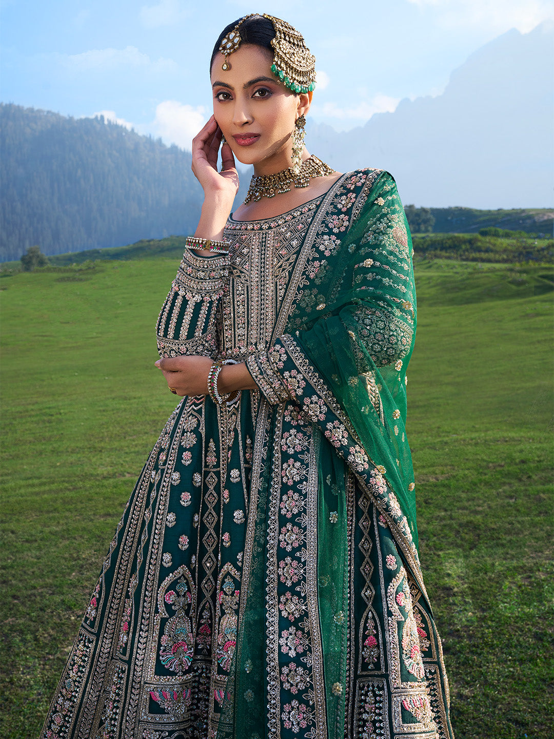 Regal Bottle Green Anarkali & Skirt Set With Heavy Embroidery & Border Dupatta