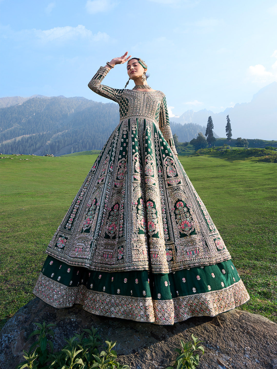 Regal Bottle Green Anarkali & Skirt Set With Heavy Embroidery & Border Dupatta