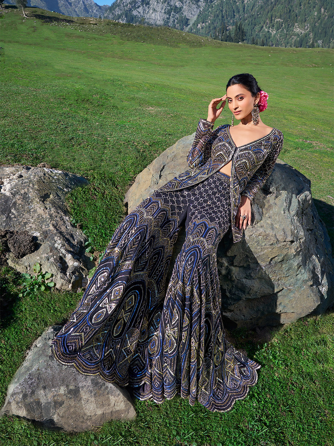 Navy Blue Jacket & Gharara Set with Geometric Embroidery