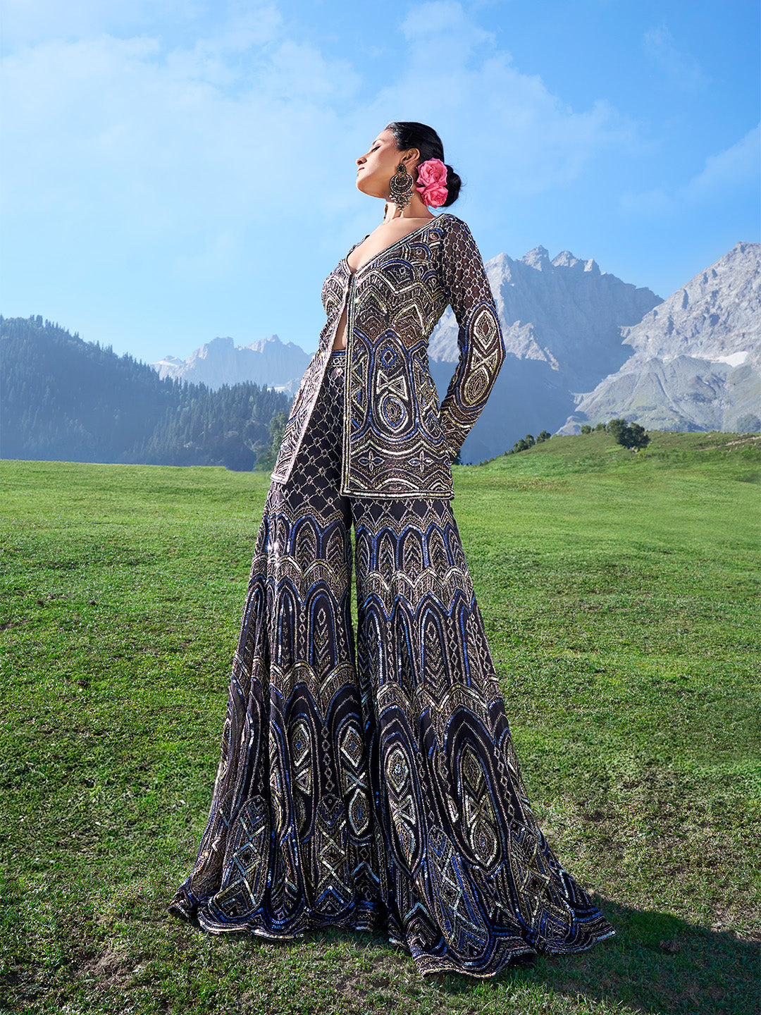 Navy Blue Jacket & Gharara Set with Geometric Embroidery